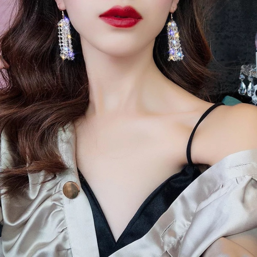 🌟Long Tassel Drop Crystals Earrings - Picture 4 of 6